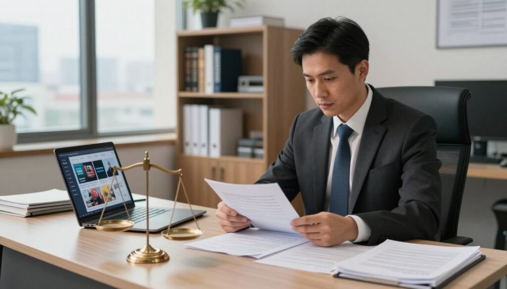 A composed lawyer in professional attire, seated at a modern desk cluttered with legal documents and a laptop displaying streaming services. In the foreground, a scale of justice symbolizes the legal balance in the IPTV industry. The middle ground features a bookshelf filled with legal texts and regulations regarding digital content. In the background, a well-lit office with large windows reveals a cityscape, enhancing the professional atmosphere. Soft, warm lighting highlights the serious yet approachable mood, emphasizing the importance of understanding legal considerations in IPTV subscriptions. The angle is slightly from above, creating depth, and focusing on the lawyer’s engaged expression as they review documents, symbolizing diligence and expertise in legal matters.