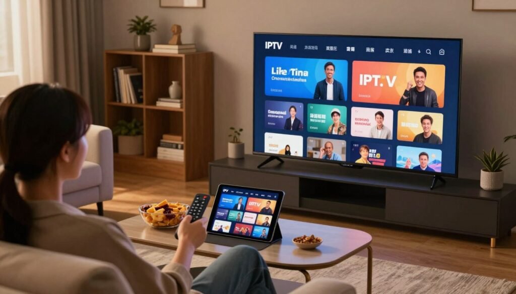 A cozy living room scene featuring a sleek, modern television displaying vibrant IPTV interface options, including live TV channels and on-demand content. In the foreground, a comfortable sofa with a person dressed in smart casual attire, engrossed in choosing content, holding a remote. The middle ground shows a stylish coffee table adorned with snacks and a tablet displaying additional IPTV features. In the background, soft ambient lighting creates a warm atmosphere, with a shelf filled with books and decorative items. The angle is slightly tilted from the side, giving depth to the scene while focusing on the TV screen, emphasizing the technology and convenience of IPTV. The overall mood is inviting and engaging, highlighting the enjoyment of streaming entertainment at home.