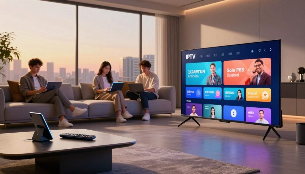 A futuristic living room setup showcasing IPTV technology trends. In the foreground, a sleek, modern smart TV displays vibrant, high-definition streaming content. To the left, a stylish, contemporary coffee table with smart gadgets like a remote control and a tablet. In the middle, a cozy sofa with professional individuals in smart casual attire engaging with their devices, emphasizing collaboration and interaction. The background features a large window with city skyline views, illuminated by warm, soft daylight streaming in. The overall atmosphere conveys innovation and comfort, with ambient lighting enhancing the modern aesthetics and emphasizing the technological advancements of IPTV. The scene captures the essence of the future of entertainment technology without any text or distractions.