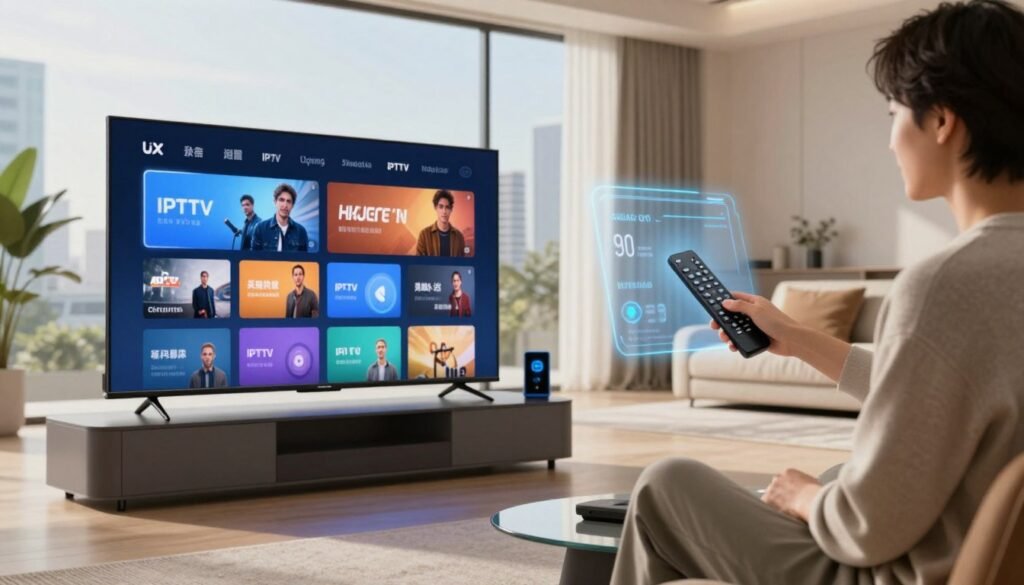 A futuristic living room showcasing advanced IPTV technology. In the foreground, a sleek modern television displays a vibrant interface with various streaming options. To the side, a professional-looking person in smart casual attire interacts with a holographic remote, projecting additional information in mid-air. The middle ground features stylish furniture with embedded smart devices, emphasizing the convenience of IPTV. The background reveals a large window through which soft, natural light floods the room, highlighting modern urban architecture outside, symbolizing connectivity. The overall atmosphere is bright and optimistic, reflecting the future of entertainment technology, with a color palette of cool blues and warm neutrals to enhance a sense of innovation and comfort.