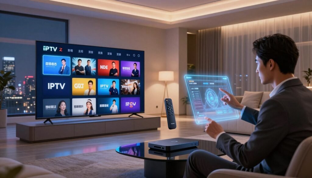 A futuristic living room with sleek, modern furniture, bathed in soft, ambient lighting that enhances a cozy yet advanced atmosphere. In the foreground, a large smart TV displays a vibrant interface showcasing various IPTV streaming options in stunning detail. To the side, a professional-looking individual in business attire is interacting with a holographic control panel, manipulating streaming services with gestures. In the middle ground, advanced streaming devices, like a compact set-top box and a stylish remote control, subtly hint at the cutting-edge technology. The background features a city skyline visible through large windows, suggesting a connection to the digital world outside. The overall mood is innovative and inviting, emphasizing the seamless integration of technology in daily life.