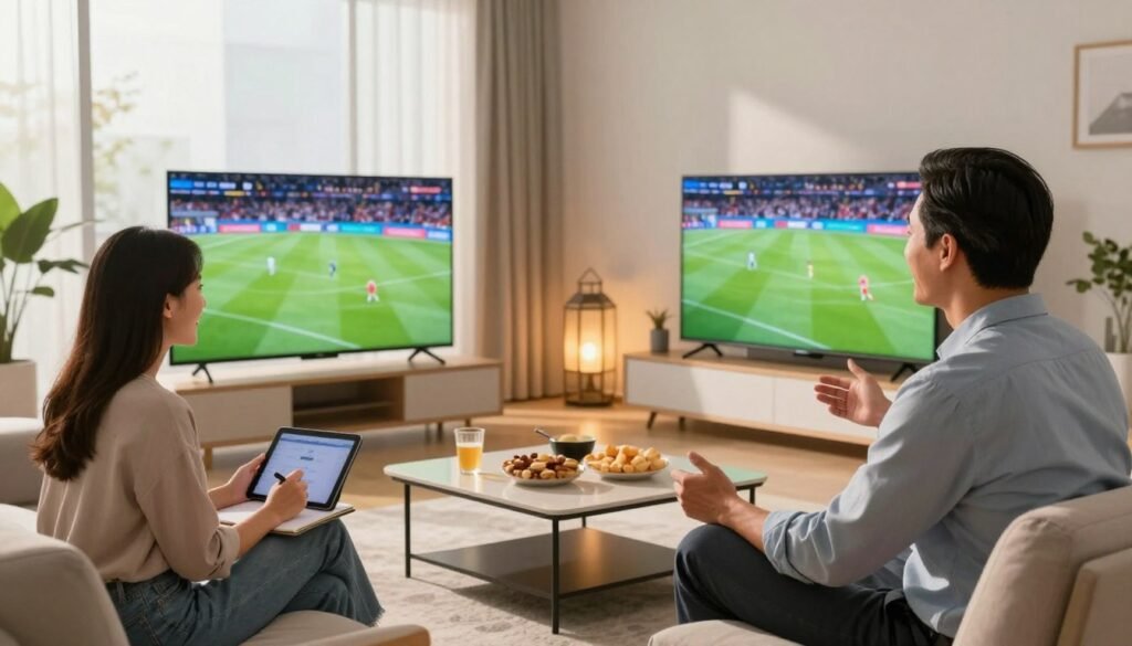 A modern living room setting showcasing diverse individuals engaging with IPTV technology. In the foreground, a middle-aged man in business attire is enthusiastically watching a sports event on a sleek flat-screen TV, while a young woman in casual clothing sits nearby, smiling and taking notes on her tablet. The middle ground features a stylish coffee table with snacks and drinks, enhancing a cozy vibe. In the background, sunlight streams through large windows, creating a warm, inviting atmosphere. Soft lantern-style lighting adds a touch of comfort, and the scene is captured with a wide-angle lens to immerse viewers in the user experience. The overall mood conveys satisfaction and excitement about discovering the benefits of IPTV subscriptions.