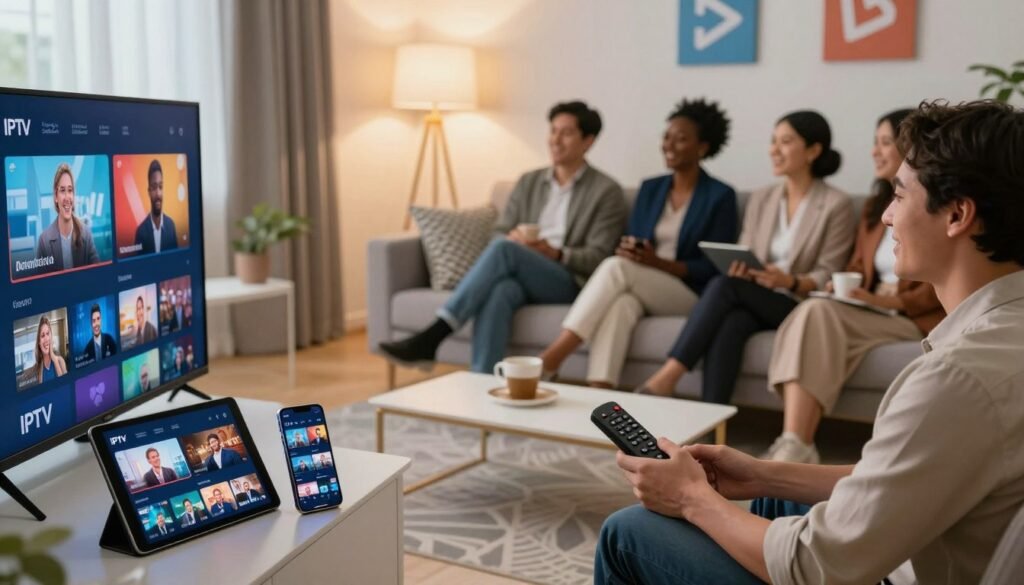 A modern living room showcasing IPTV multi-device streaming in action. In the foreground, a sleek TV displaying vibrant streaming content, with a remote control resting beside it. To the left, a tablet and a smartphone show the same streaming service interface, emphasizing cross-device compatibility. In the middle ground, a comfortable couch with a few stylish throw pillows, where a diverse group of individuals in professional business attire sit, engaged in the viewing experience, sharing smiles and laughter. The background features soft lighting from floor lamps, creating a warm, inviting atmosphere with subtle streaming service logos on the walls. The image conveys a sense of community and modern technology, captured from a slightly elevated angle to encompass the whole scene.