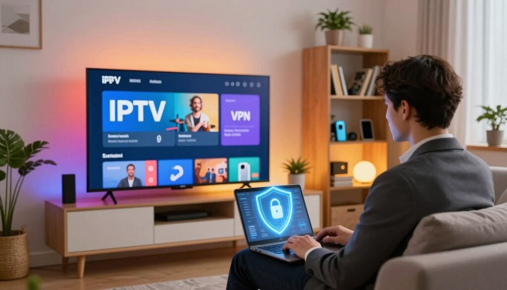 A modern living room with a sleek television displaying an IPTV interface, surrounded by vibrant decor. In the foreground, a professional-looking individual in business attire sits on a comfortable sofa, using a laptop connected to a VPN service. Light from the TV casts a warm glow, creating an inviting atmosphere, while a digital shield symbol representing security and privacy hovers subtly above the laptop. The background features a stylish bookshelf filled with tech gadgets, plants, and a cozy ambiance. Soft, ambient lighting illuminates the room, enhancing a sense of trust and reliability. The composition suggests a seamless integration of IPTV streaming with protective technology, emphasizing the idea of enhanced viewing experiences.