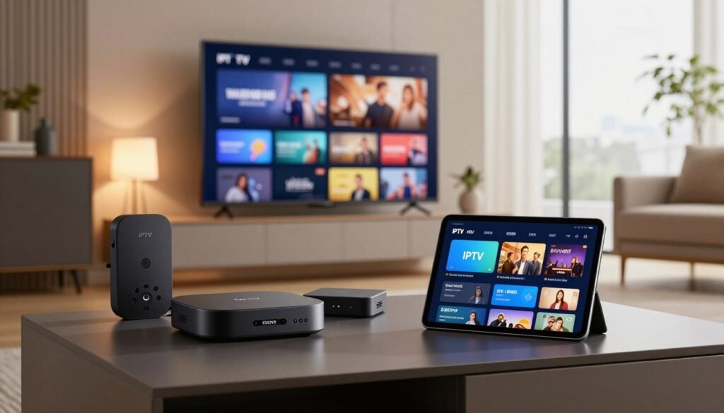 A sleek, modern living room scene showcasing various IPTV-compatible devices like smart TVs, streaming boxes, and tablets neatly arranged on a stylish entertainment center. In the foreground, focus on a tablet displaying an IPTV app interface, adding a sense of interaction. The middle ground features a flat-screen smart TV with vibrant streaming content visible, illustrating active streaming capabilities. Soft, warm lighting from a nearby lamp creates a cozy atmosphere while natural light filters in through large windows, enhancing the inviting feel of the space. The background should hint at a tastefully decorated room with contemporary furnishings, invoking a sense of tech-savvy comfort and modern entertainment. The overall mood is engaging and inviting, encouraging viewers to explore their IPTV options.