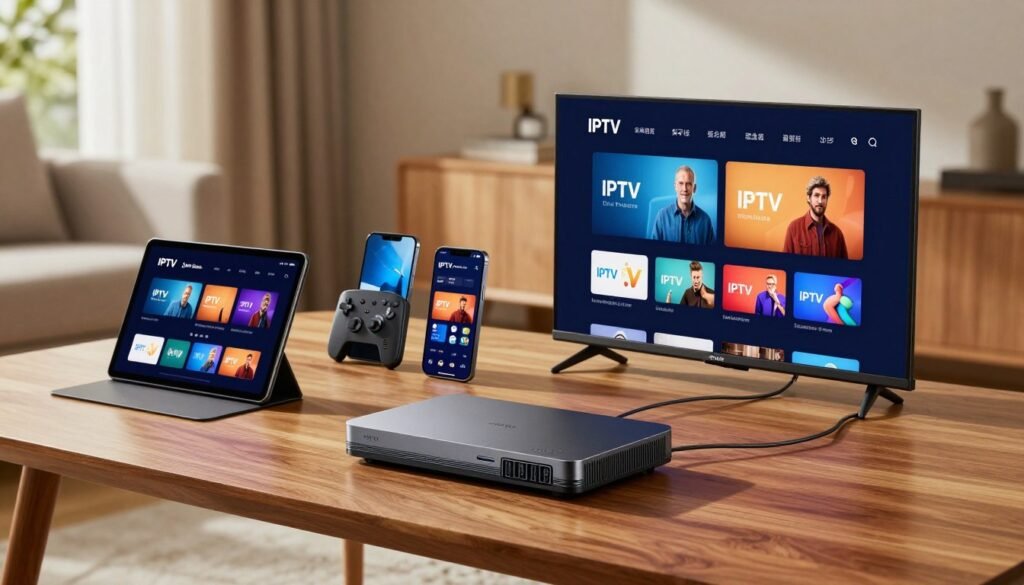 A visually engaging and informative representation of various streaming devices compatible with IPTV, arranged on a stylish, modern wooden table. In the foreground, prominently feature an IPTV set-top box with sleek design, accompanied by a tablet and smart TV. In the middle ground, display other devices such as a smartphone and gaming console, all showcasing their unique interfaces highlighting IPTV applications. The background should be softly blurred to suggest a cozy living room environment, with ambient lighting creating a warm, inviting atmosphere. Use a shallow depth of field to focus sharply on the devices, while natural light streaming in from a nearby window casts gentle shadows, enhancing the mood of modern home entertainment. The overall feel should convey connectivity and the modernity of technology.