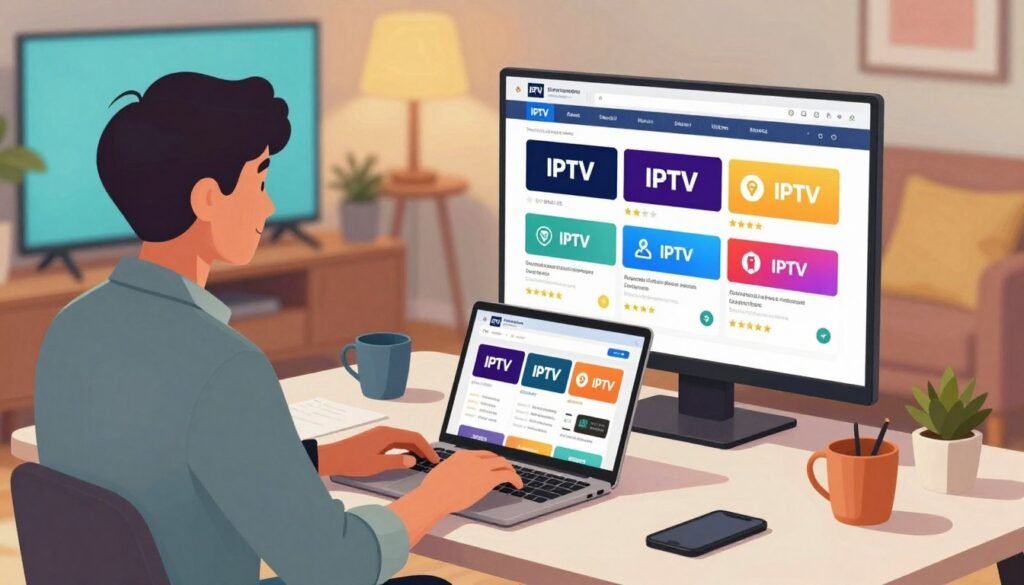 A visually engaging illustration of an IPTV subscription purchase guide. In the foreground, depict a friendly, professional-looking person in business casual attire, seated at a modern desk, using a laptop to browse IPTV services. The middle ground features a digital screen displaying various IPTV subscription options, highlighted with colorful icons and user ratings. In the background, a cozy living room setting with a large TV screen and vibrant decor, creating an inviting atmosphere. Soft, warm lighting illuminates the scene, enhancing the feeling of comfort and technology. The angle is slightly elevated, giving a comprehensive view of the workspace and equipment. The overall mood should be informative yet approachable, conveying ease in navigating the IPTV subscription process.