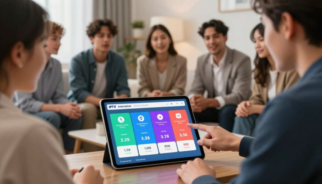 A visually engaging, informative representation of an IPTV Subscription Selection Guide. In the foreground, a sleek, modern tablet displays a colorful comparison chart of various IPTV packages, showcasing icons for features like channel variety, streaming quality, and prices. In the middle ground, a professional, diverse group of individuals in business attire is engaged in discussion, pointing at the tablet. The background features a stylish, contemporary living room with soft lighting, emphasizing a cozy atmosphere. The scene is captured from a slightly elevated angle, giving a clear view of the tablet while highlighting the engaged expressions of the group. The overall mood is friendly and collaborative, creating an inviting feeling for viewers considering their IPTV options.