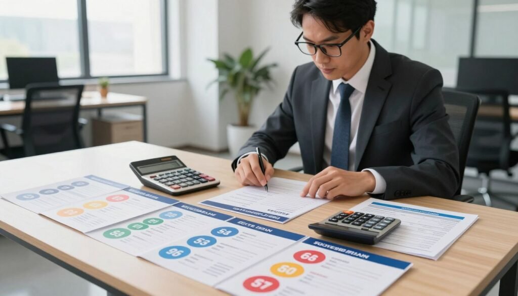 A visually striking representation of IPTV subscription pricing deals. In the foreground, a beautifully arranged table displays various subscription plans on sleek brochures, with prices highlighted in vibrant colors. A stylish calculator sits amidst the brochures, conveying a sense of clarity in budgeting. The middle ground features a well-dressed professional, focused and engaged, examining the plans, wearing a business suit, and sporting glasses for a touch of sophistication. In the background, a modern office space with large windows lets in soft, natural lighting, creating an inviting atmosphere. The scene is well-composed from a slightly elevated angle, allowing a clear view of the table and professional, evoking a sense of urgency and opportunity in securing IPTV subscriptions.