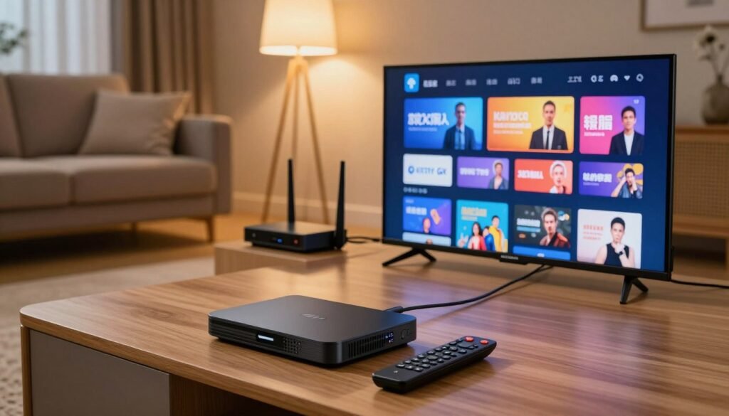 An organized setup of IPTV devices in a modern living room environment. In the foreground, a sleek, contemporary IPTV set-top box is connected to a flat-screen TV displaying a vibrant streaming interface. To the side, a remote control is prominently placed. In the middle ground, a small entertainment center showcases a router and various cables neatly arranged. The background features a cozy couch and ambient lighting from floor lamps, creating a warm and inviting atmosphere. The scene is illuminated with soft, diffused lighting, evoking a sense of comfort and modern technology. The camera angle is slightly angled downwards, focusing on the devices while capturing the inviting living space. The overall mood is professional yet homely, suitable for illustrating IPTV setup.