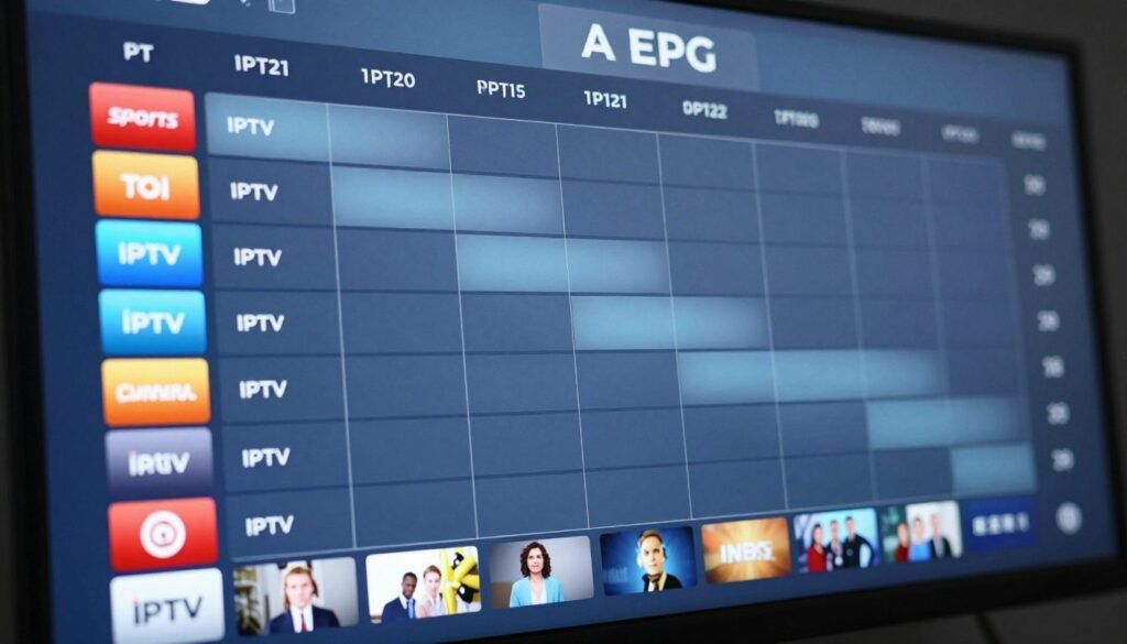 EPG grid format with channels and time slots for IPTV viewing