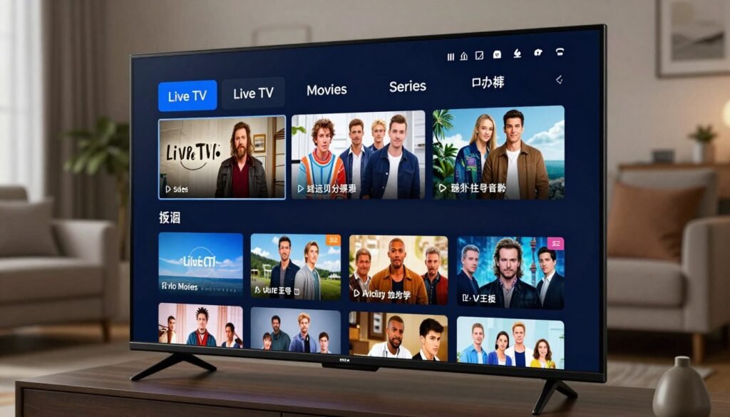 IPTV app interface showing live TV channels and on-demand content categories